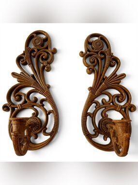 Vintage 1970s Dart Inc. Faux Rattan Wall Candle Sconces Ornate Scrolling Resin